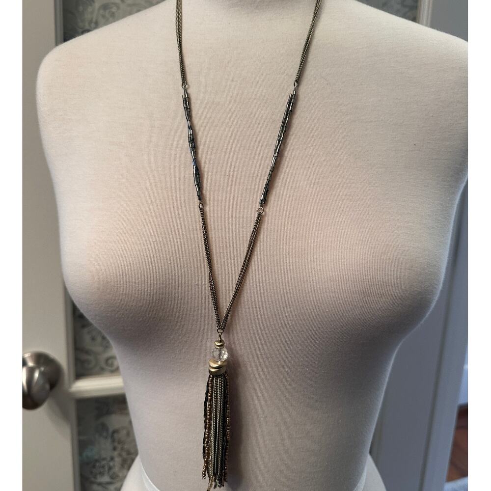 LOFT Light Gold Long Beaded Tassel Necklace Multicolor